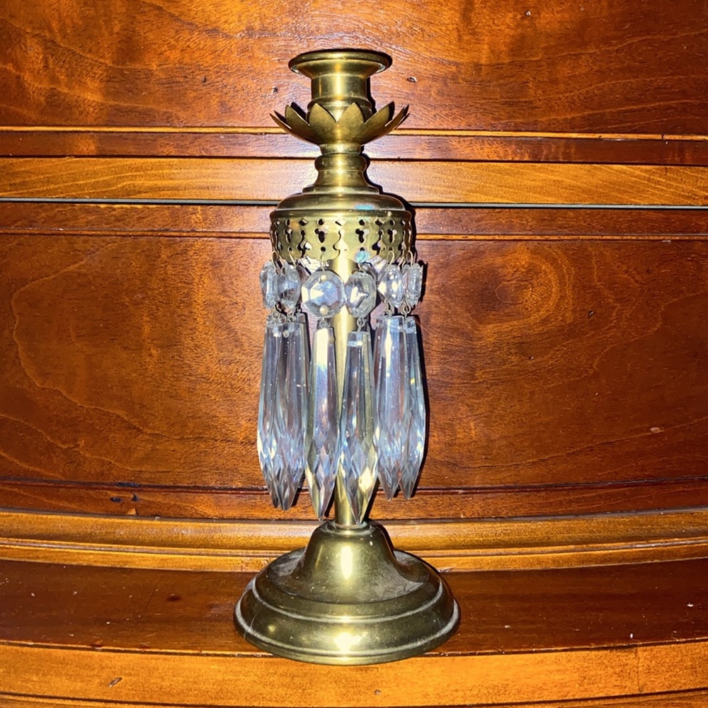 Vintage brass single candelabra with prisms